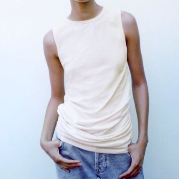 ZARA Ecru Draped Top Small Cotton - Picture 1 of 3